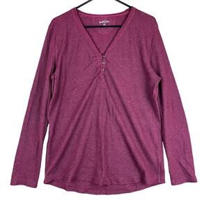 Eddie Bauer Womens Shirt Burgundy Henley Crocheted Neckline Long Sleeve XXL
